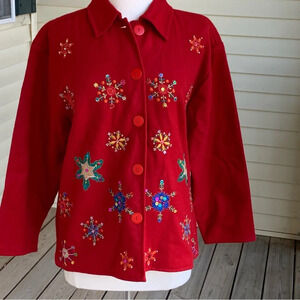 KEREN HART Heavyweight Wool Christmas Jacket Top L Sequin Embroidered Snowflake